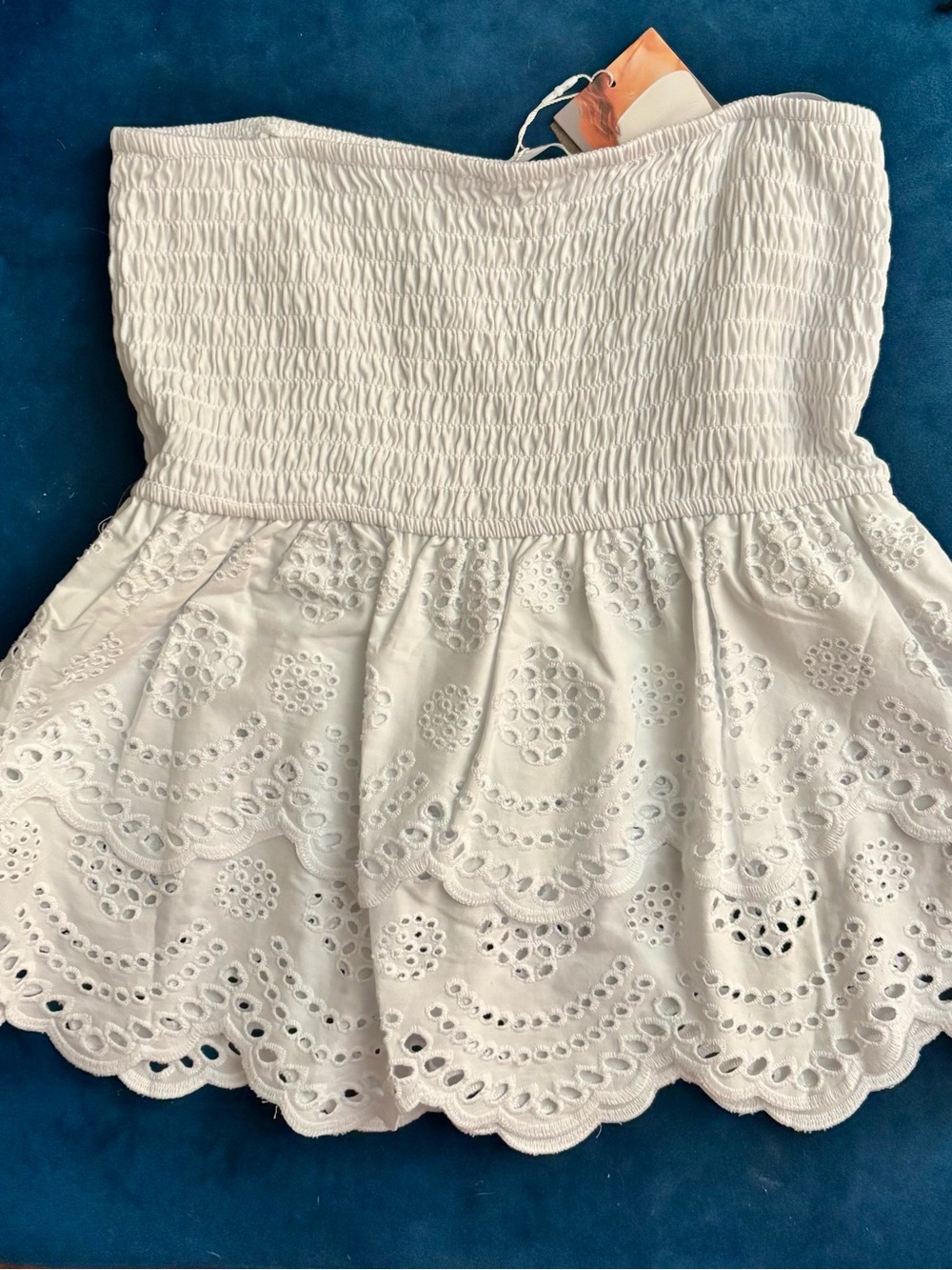 NWT BLENCA White Eyelet Strapless Smocked Babydoll Top